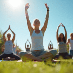 Groupe de personnes pratiquant yoga en plein air dans un parc ensoleille