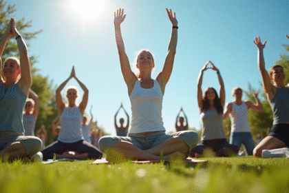 Groupe de personnes pratiquant yoga en plein air dans un parc ensoleille
