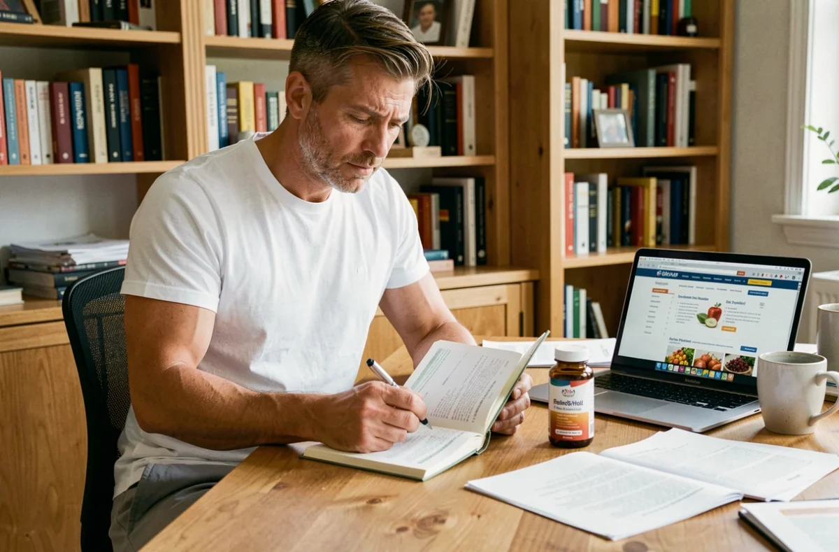 Homme analysant un journal de bien-être et un produit IT Works à son bureau, bilan critique sur l'efficacité des compléments minceur