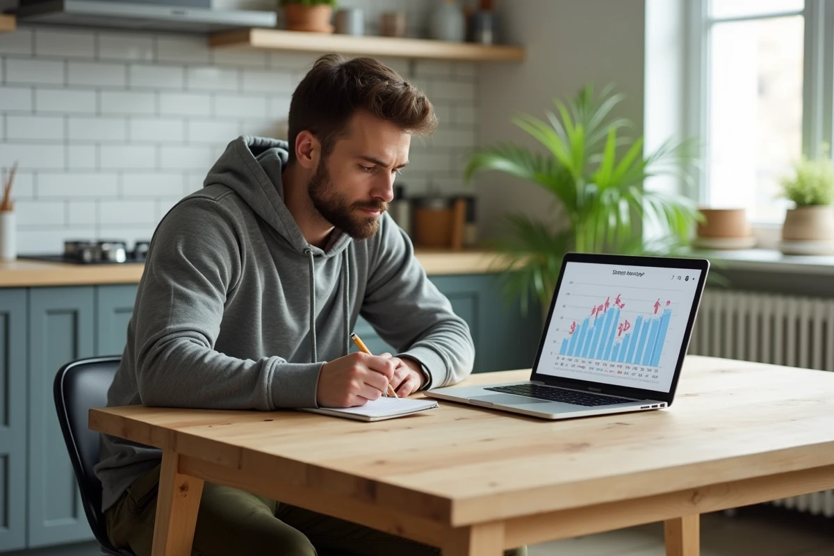 Homme calculant la conversion de pas en kilomètres sur un ordinateur portable avec un carnet de notes