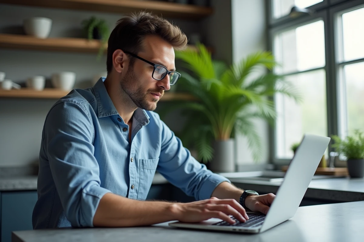 Homme utilisant une calculette d'épaisseur de verres en ligne sur un ordinateur portable pour choisir des lunettes légères
