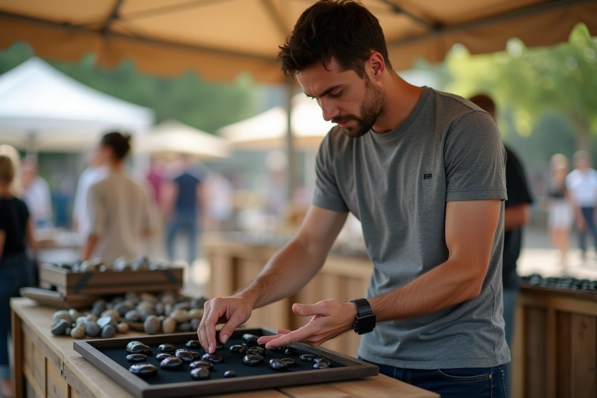 Homme choisissant une pierre anti-stress polie sur un marché artisanal, tenant une obsidienne noire entre les doigts