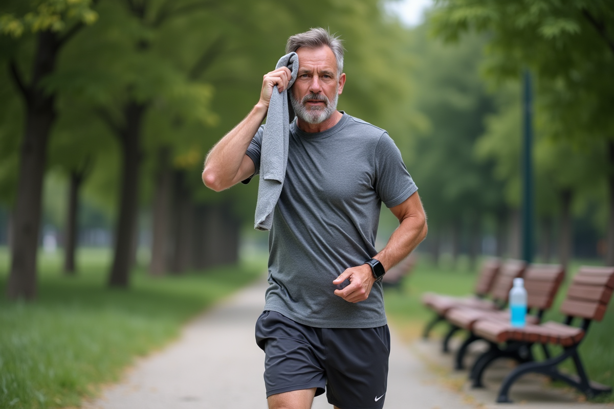 Homme en jogging essuyant la sueur dans un parc urbain