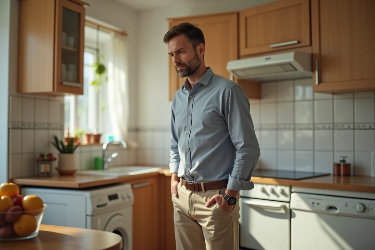 Homme dans la cuisine avec malaise au ventre