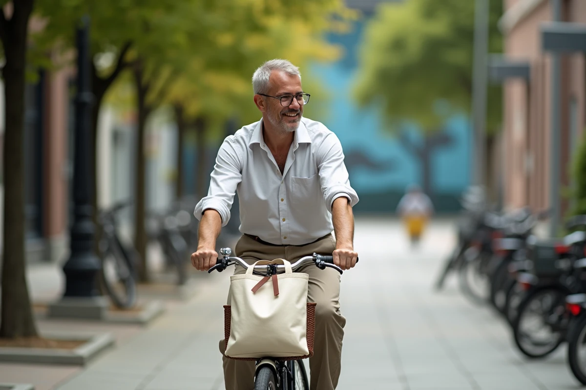 Homme en vélo dans la ville avec sac réutilisable sur le porte-bagages