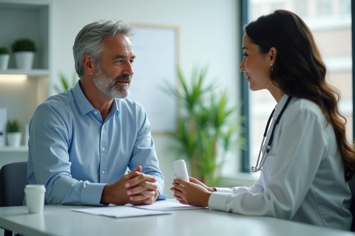 Homme en discussion avec une médecin devant un bureau moderne