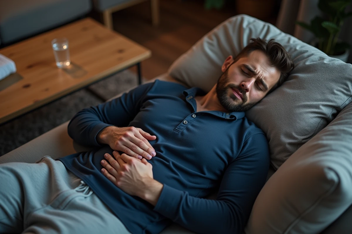 Homme allongé sur un canapé tenant son côté droit sous les côtes, souffrant d'une douleur abdominale pouvant indiquer un problème hépatique