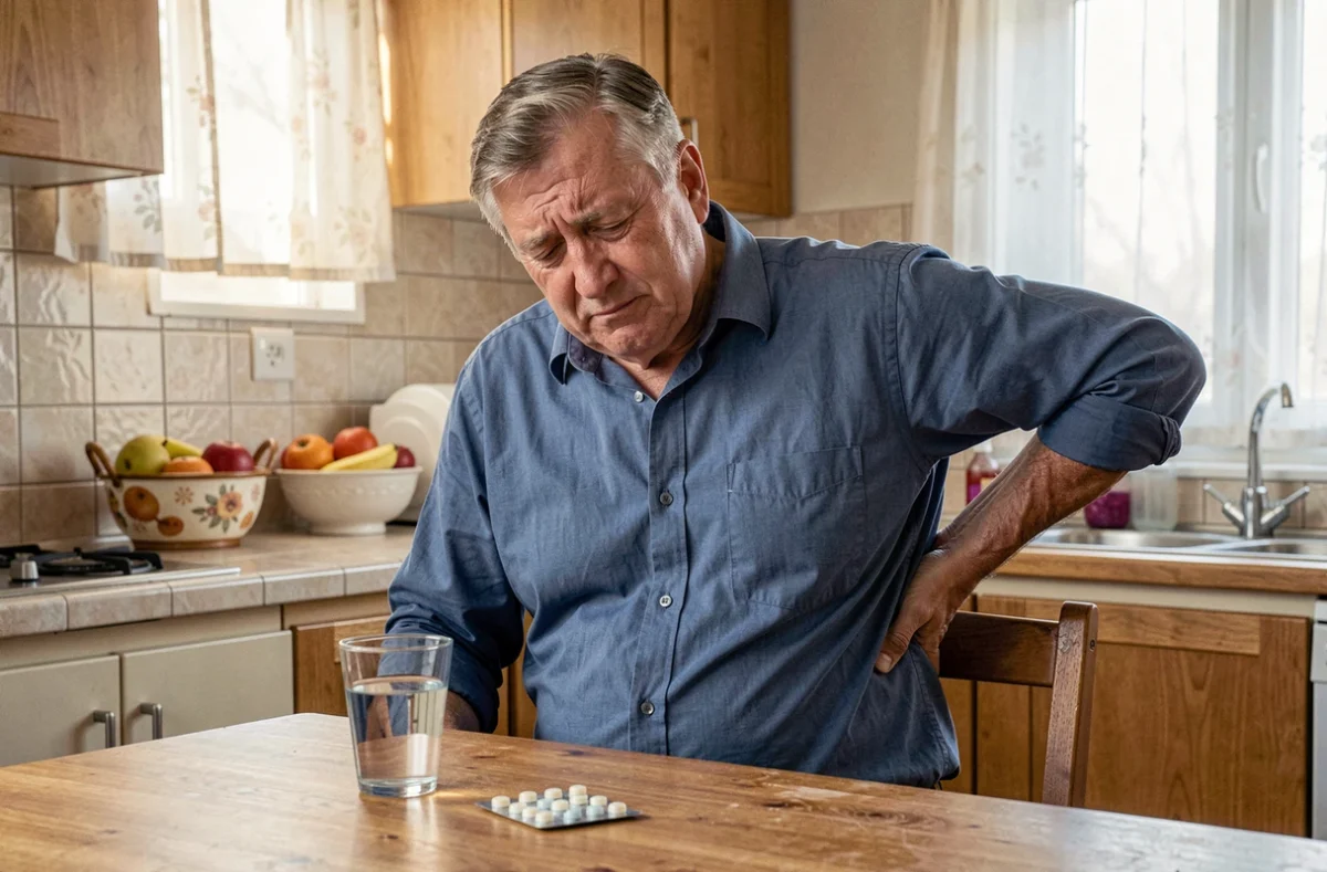 Homme senior souffrant de douleurs dorsales à la cuisine, avec des médicaments posés sur la table, illustrant les limites des antidouleurs classiques