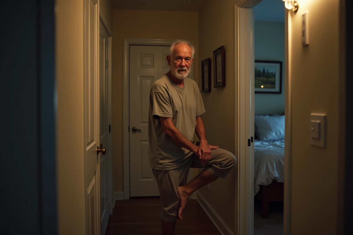 Homme âgé étire sa jambe dans un couloir
