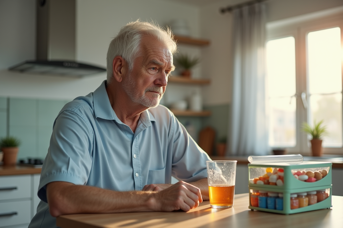 Homme âgé dans la cuisine avec médicament et verre d