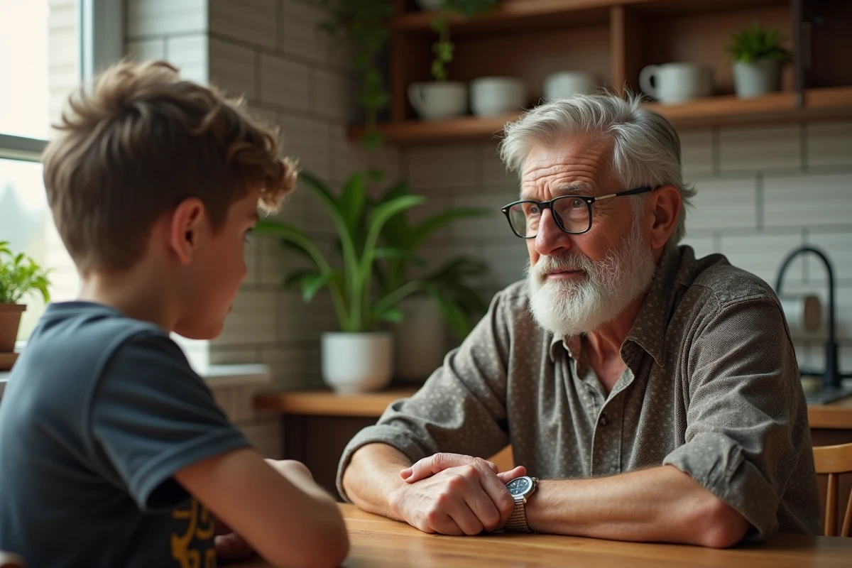 Un homme âgé et un garçon dans une cuisine chaleureuse