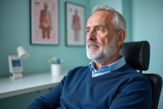 Homme d'âge moyen en consultation dans une clinique ENT