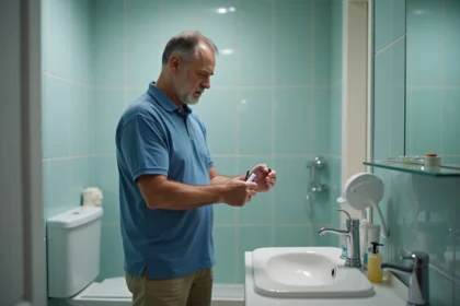 Homme d'âge moyen examine un récipient d'urine dans une salle de bain