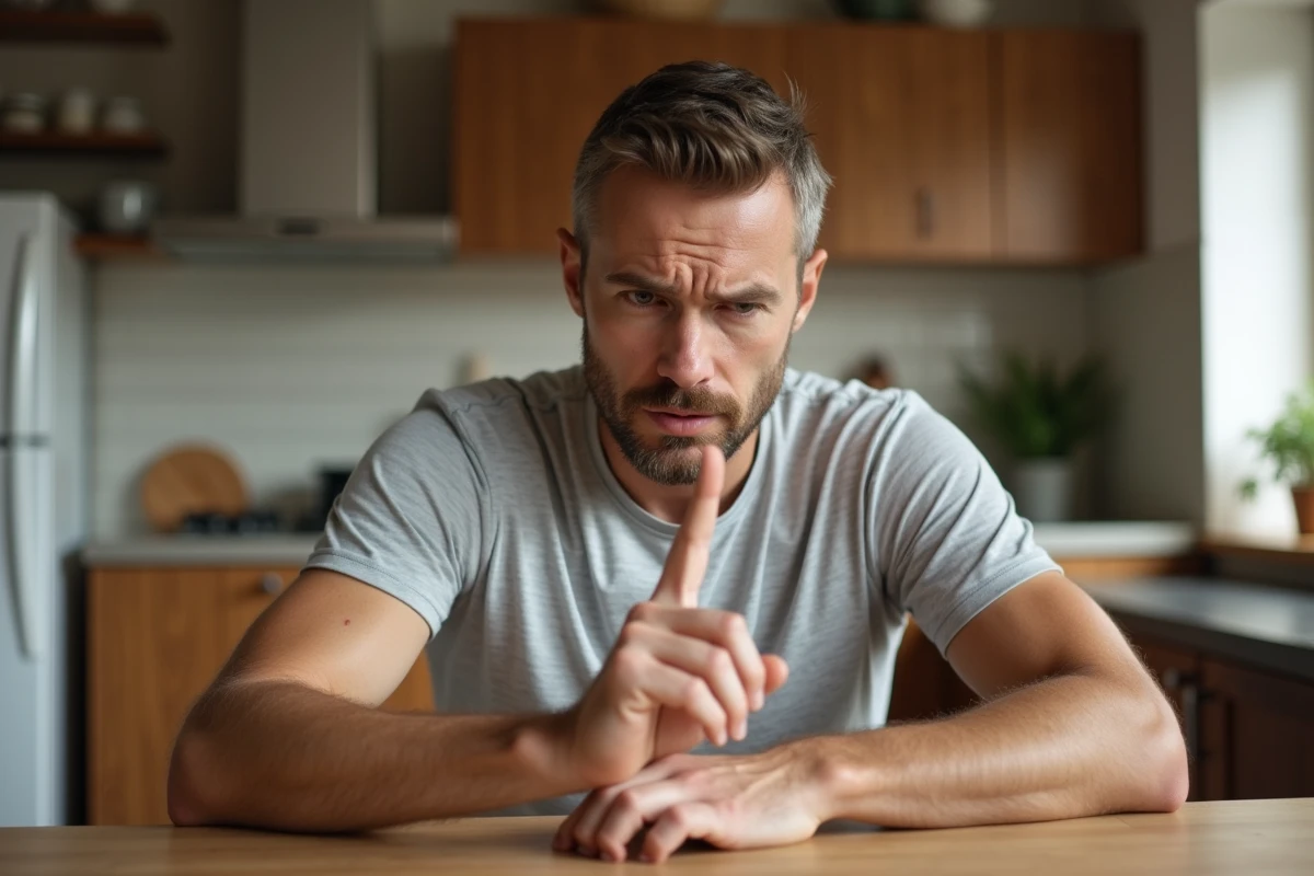 Homme examinant attentivement son pouce à la maison, inquiet d'une tâche sombre visible sous l'ongle