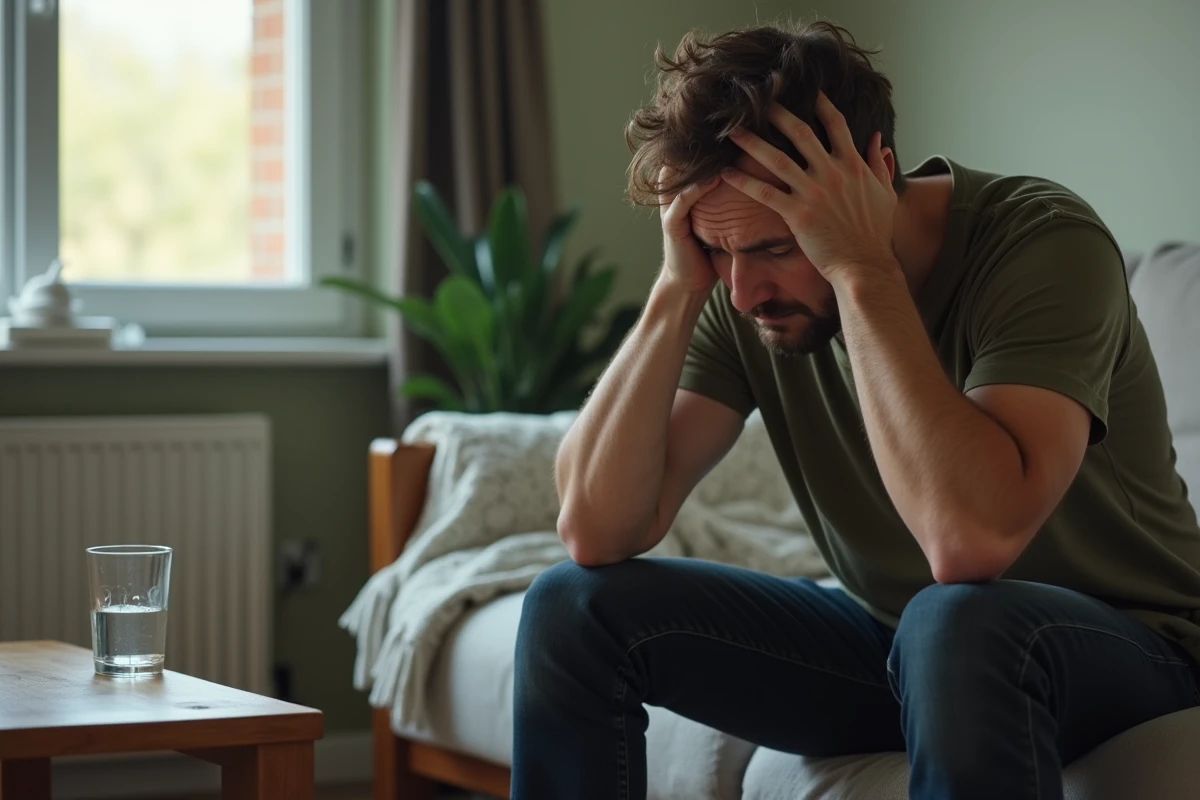 Homme fatigué assis chez lui la tête dans les mains, symptôme de fatigue chronique associée à un taux de TCMH bas nécessitant une consultation médicale urgente