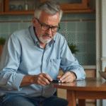 Homme vérifiant sa glycémie dans une cuisine chaleureuse