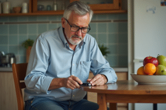 Homme vérifiant sa glycémie dans une cuisine chaleureuse
