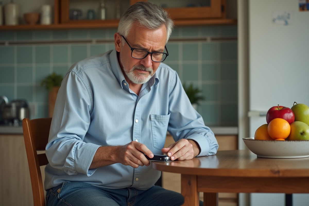 Homme vérifiant sa glycémie dans une cuisine chaleureuse