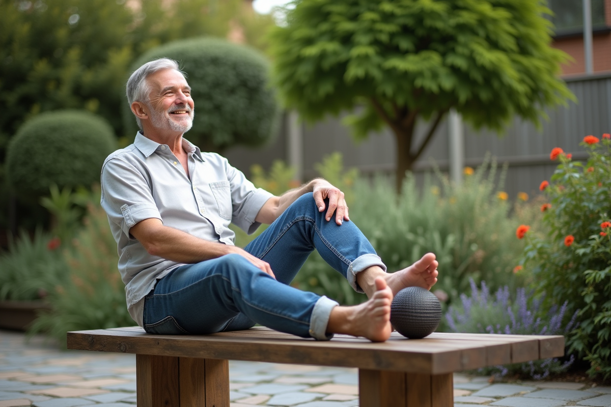 Homme âgé dans un jardin utilise une balle de massage sous le pied