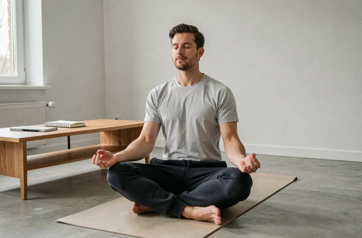 Homme pratiquant la méditation dans un appartement minimaliste, évoquant le bien-être et la croissance personnelle prônés par Positivia.fr