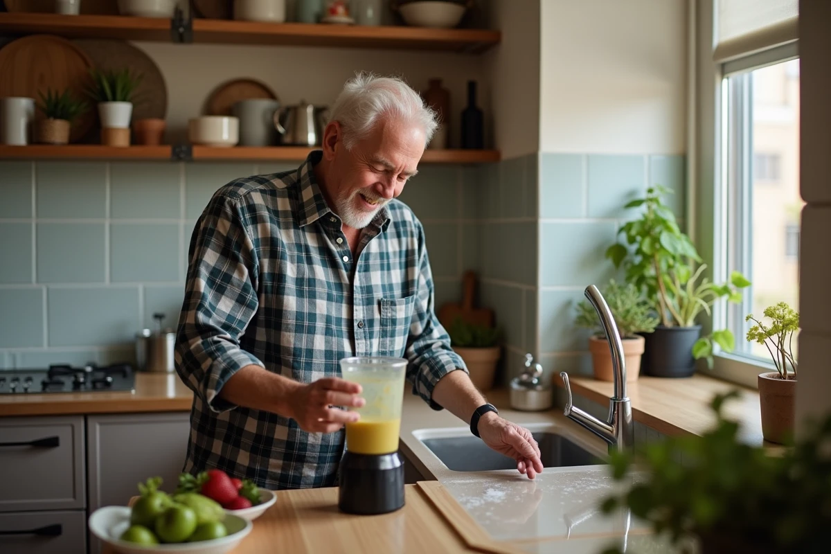 Homme préparant un smoothie dans une cuisine chaleureuse