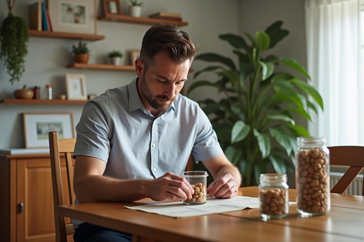 Homme lisant une étiquette nutritionnelle en dégustant des noix