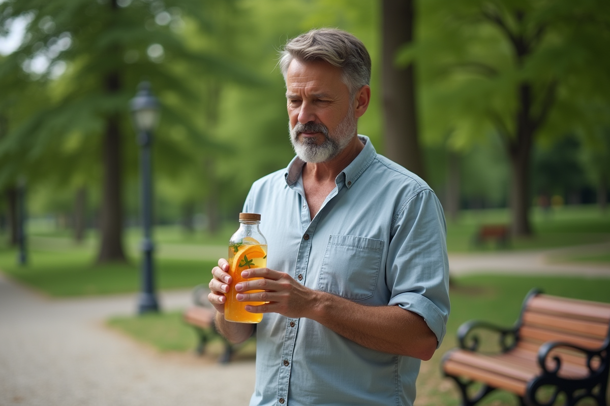 Homme dans un parc inspectant une bouteille d