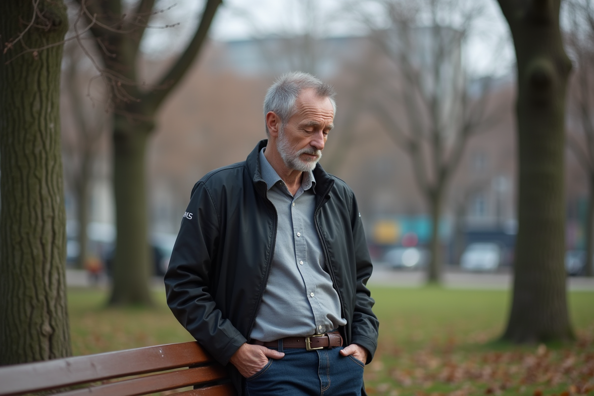 Homme debout dans un parc urbain regardant vers le sol