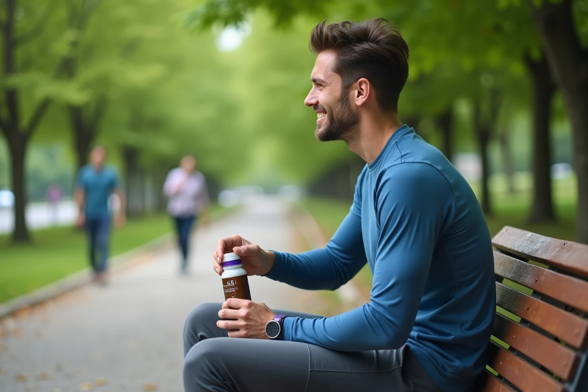 Homme dans un parc buvant un complément naturel en souriant