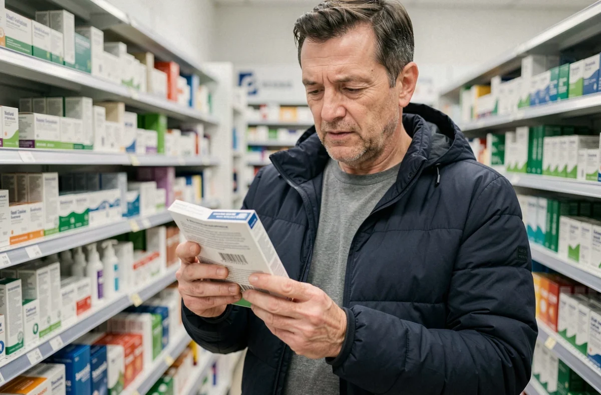 Homme en pharmacie tenant un bonnet anti-migraine froid et lisant les instructions sur l'emballage