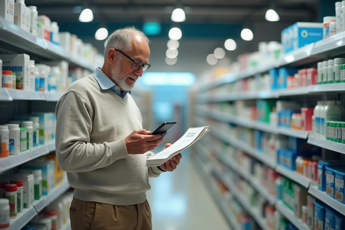 Homme senior consultant sa liste de centres thermaux en pharmacie