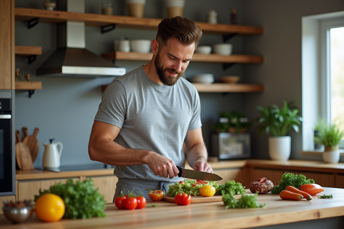 Homme en cuisine préparant une salade colorée