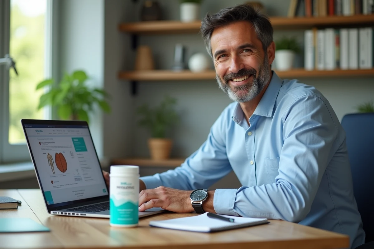 Homme recherchant des probiotiques sur son ordinateur