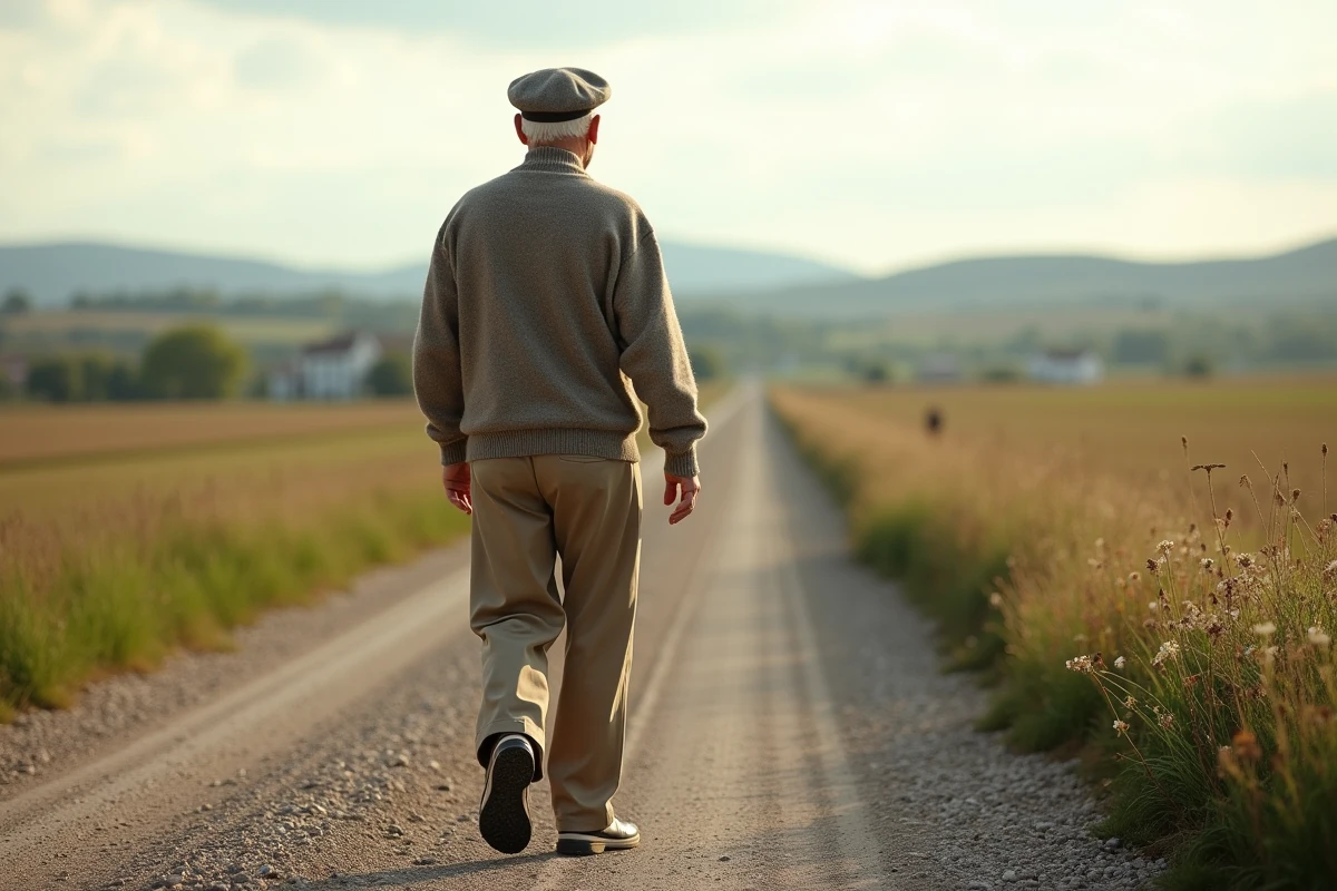 Homme âgé marchant sur un chemin de campagne rural