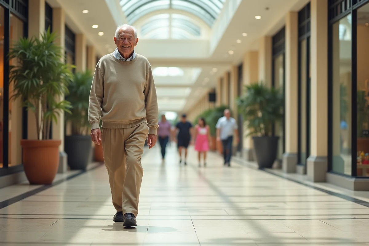 Homme &acirc;g&eacute; se prom&egrave;ne dans une galerie marchande lumineuse