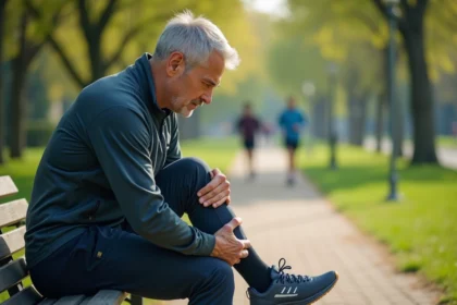 Homme sportif en plein air se tenant le mollet avec inquiétude