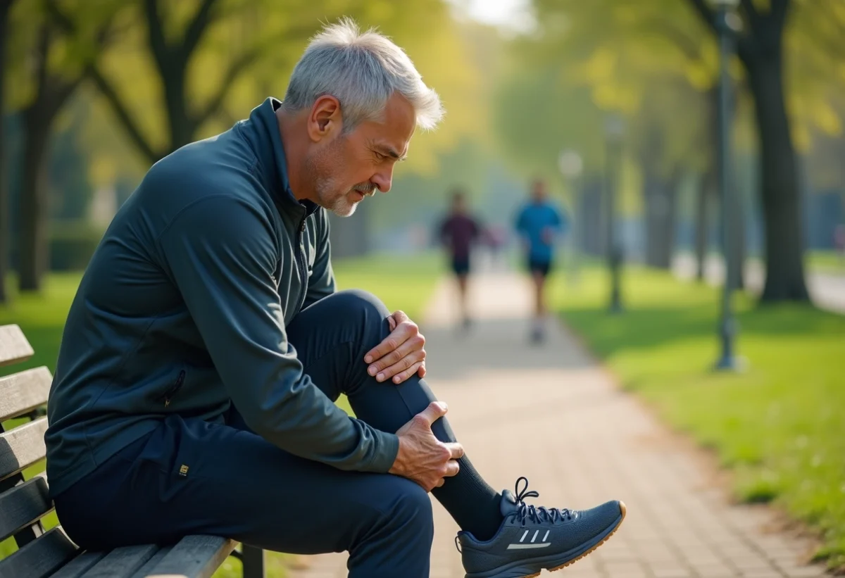 Homme sportif en plein air se tenant le mollet avec inquiétude