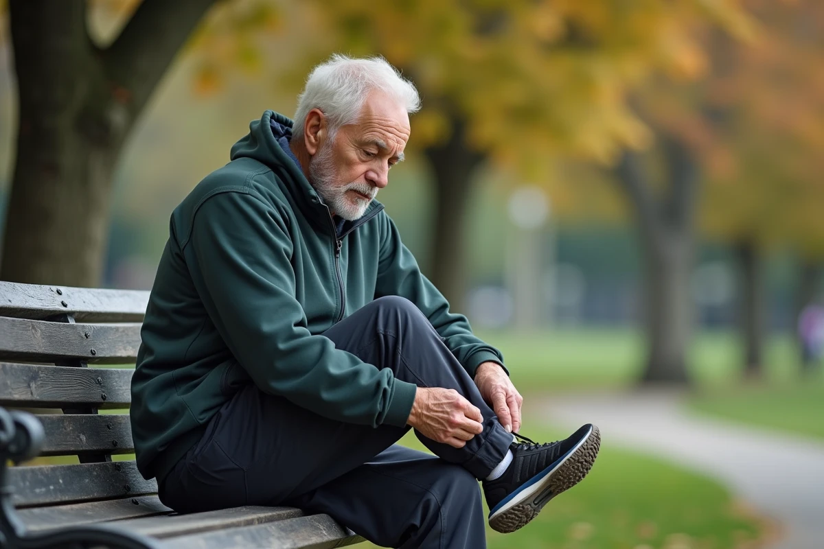 Homme âgé vérifiant son talon sur un banc de parc