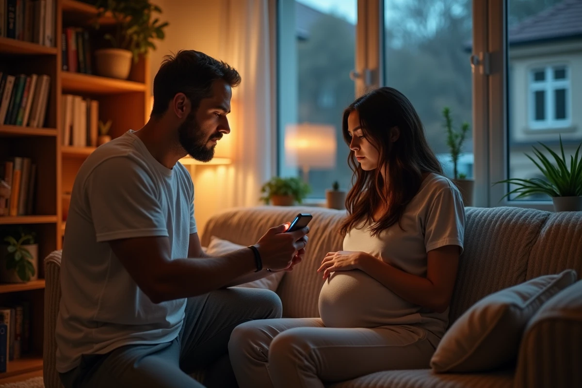 Homme soutenant sa partenaire enceinte dans le salon