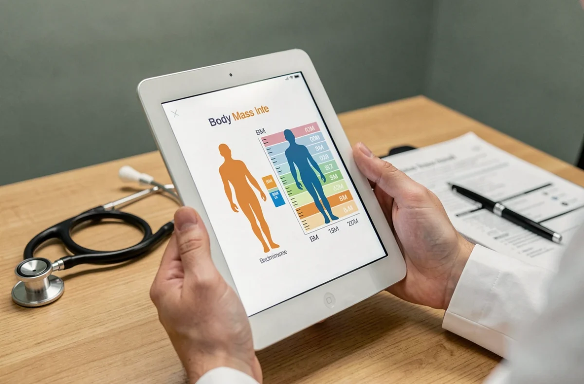 Médecin consultant un tableau d'indice de masse corporelle sur une tablette numérique lors d'une consultation préopératoire
