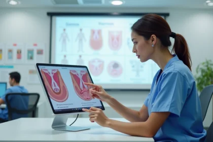 Infirmière examinant un outil visuel numérique sur une tablette pour la formation à l'identification des escarres de stade 1
