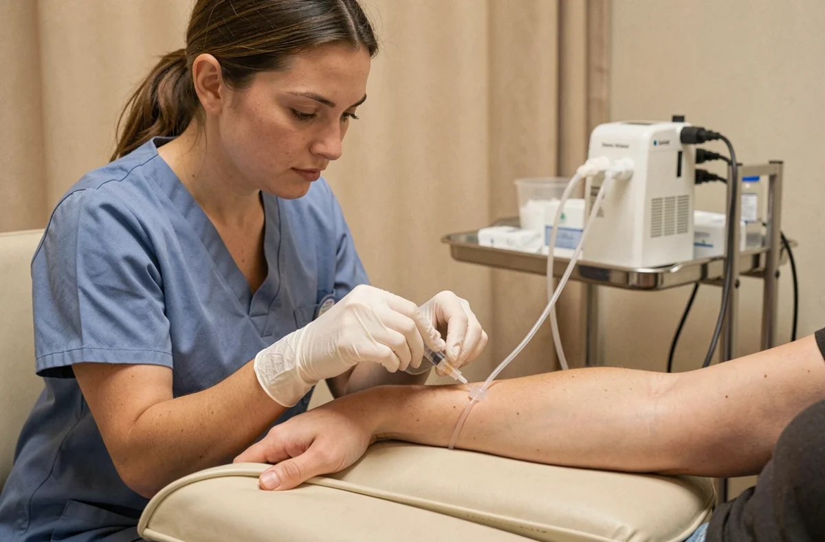 Infirmière préparant l'injection de produit de contraste pour un scanner abdominal avec injection sur le bras d'un patient