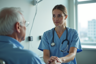 Infirmière souriante aidant un patient âgé dans une chambre d'hôpital