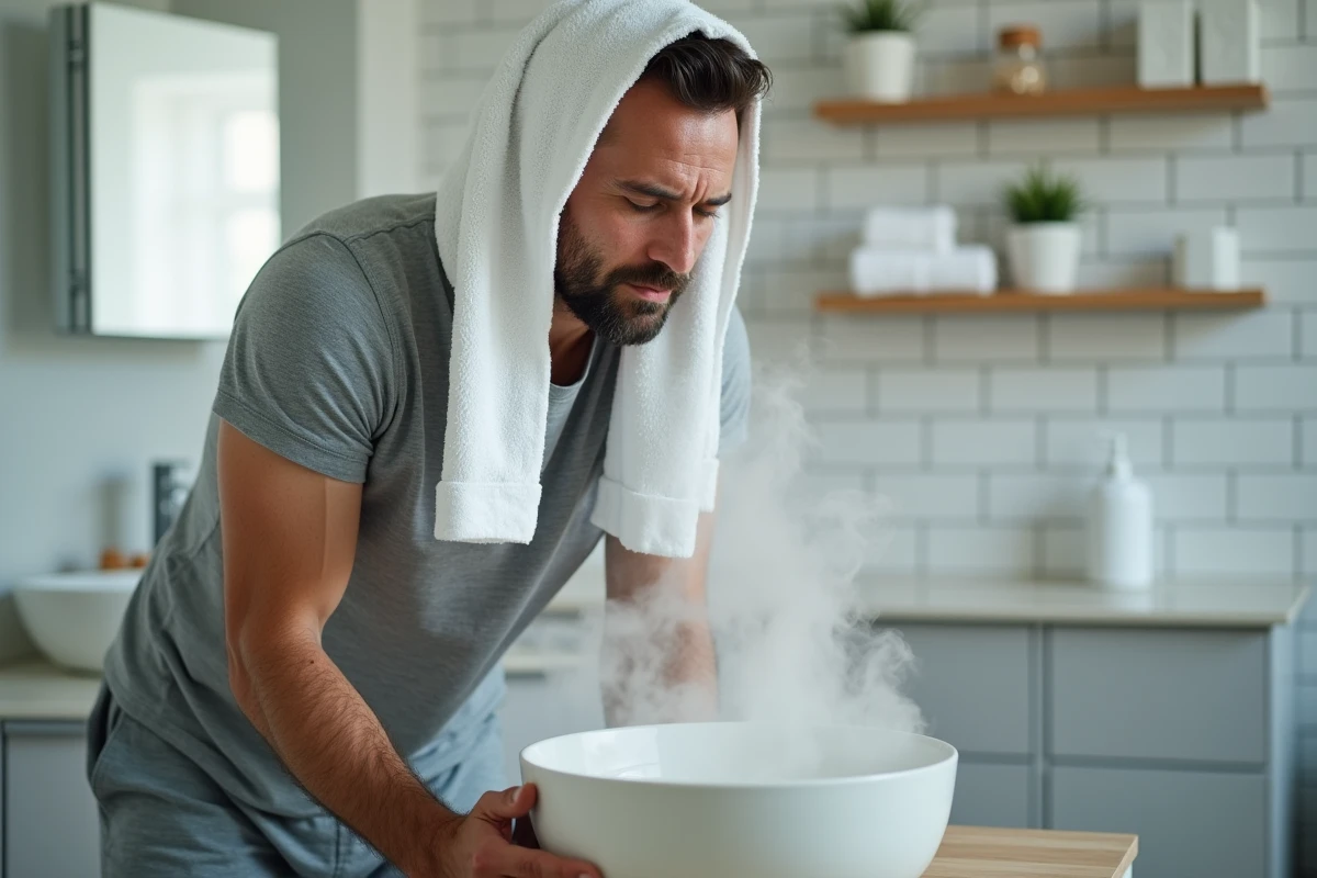Homme effectuant une inhalation vapeur à domicile sous une serviette pour soulager la toux sans médicament