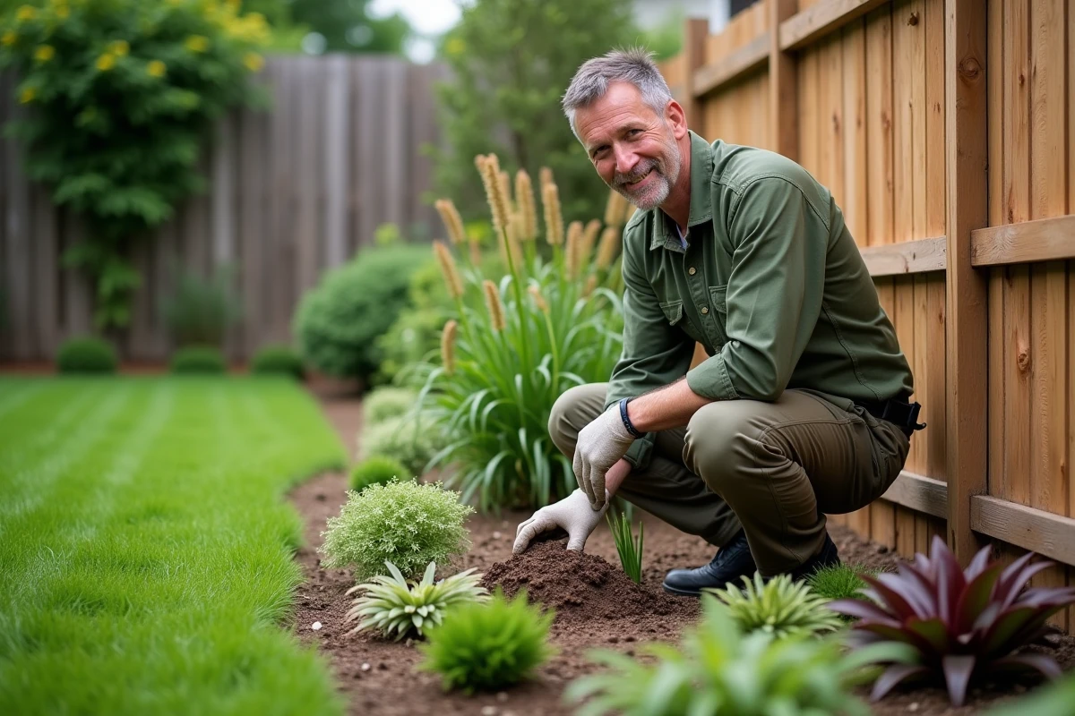 Jardinier paysagiste installant des plantes alternatives non toxiques dans un jardin résidentiel avec graminées et sedums