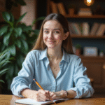 Jeune femme souriante écrivant dans un carnet au café