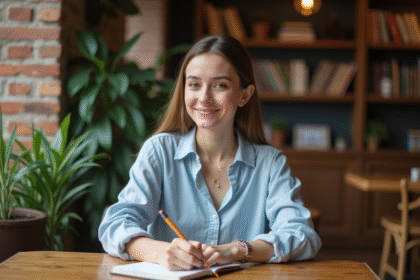 Jeune femme souriante écrivant dans un carnet au café