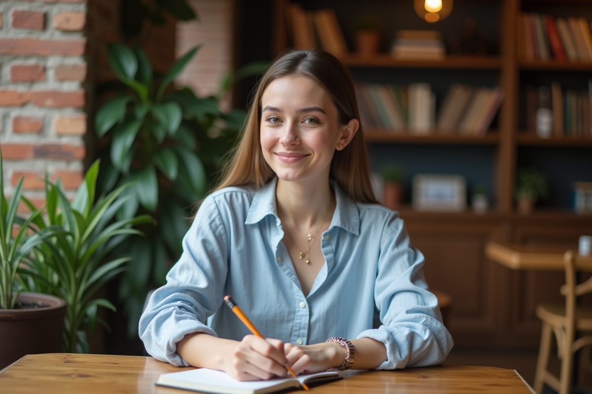 Jeune femme souriante écrivant dans un carnet au café