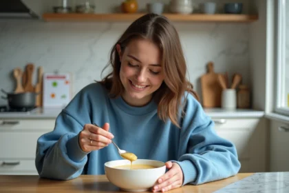 Jeune femme mangeant une soupe dans une cuisine lumineuse