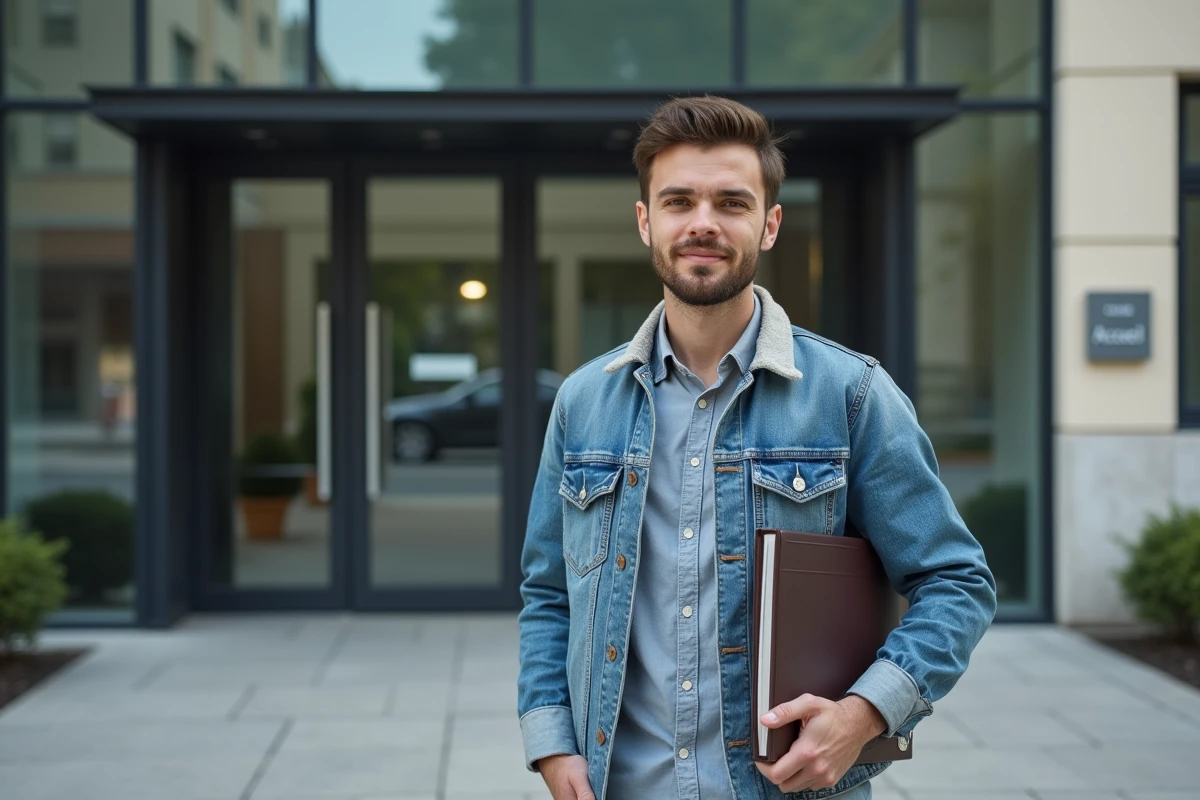 Jeune homme devant le bâtiment de la CPAM Roche sur Yon